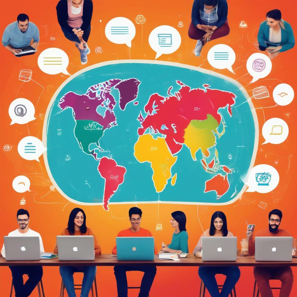 A diverse group of enthusiastic bloggers engaging in a vibrant online community, with laptops and digital devices showcasing their writing. Surround them with speech bubbles filled with creative ideas and colorful icons representing various blogging topics. The setting should be lively and inviting, hinting at growth and connection. Include elements such as coffee cups, notebooks, and a world map highlighting global connections. colorful illustration. playful style. lively atmosphere.