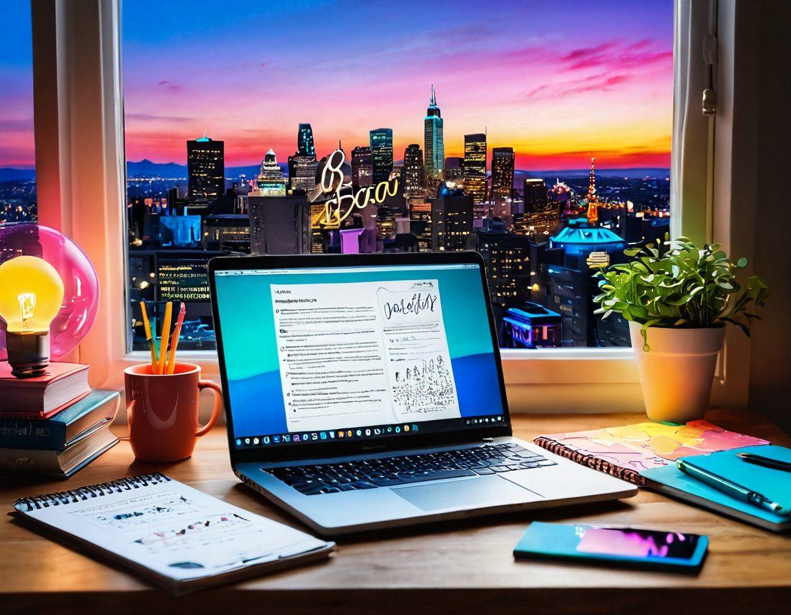 A vibrant and whimsical workspace filled with colorful stationery, an open laptop displaying a blog page, and various inspirational quotes floating around. A glowing light bulb symbolizes creativity, while a coffee cup sits beside a notepad filled with sketches and ideas. The background features a dreamy city skyline, representing the digital world of blogging. vibrant colors. 3D. whimsical style.