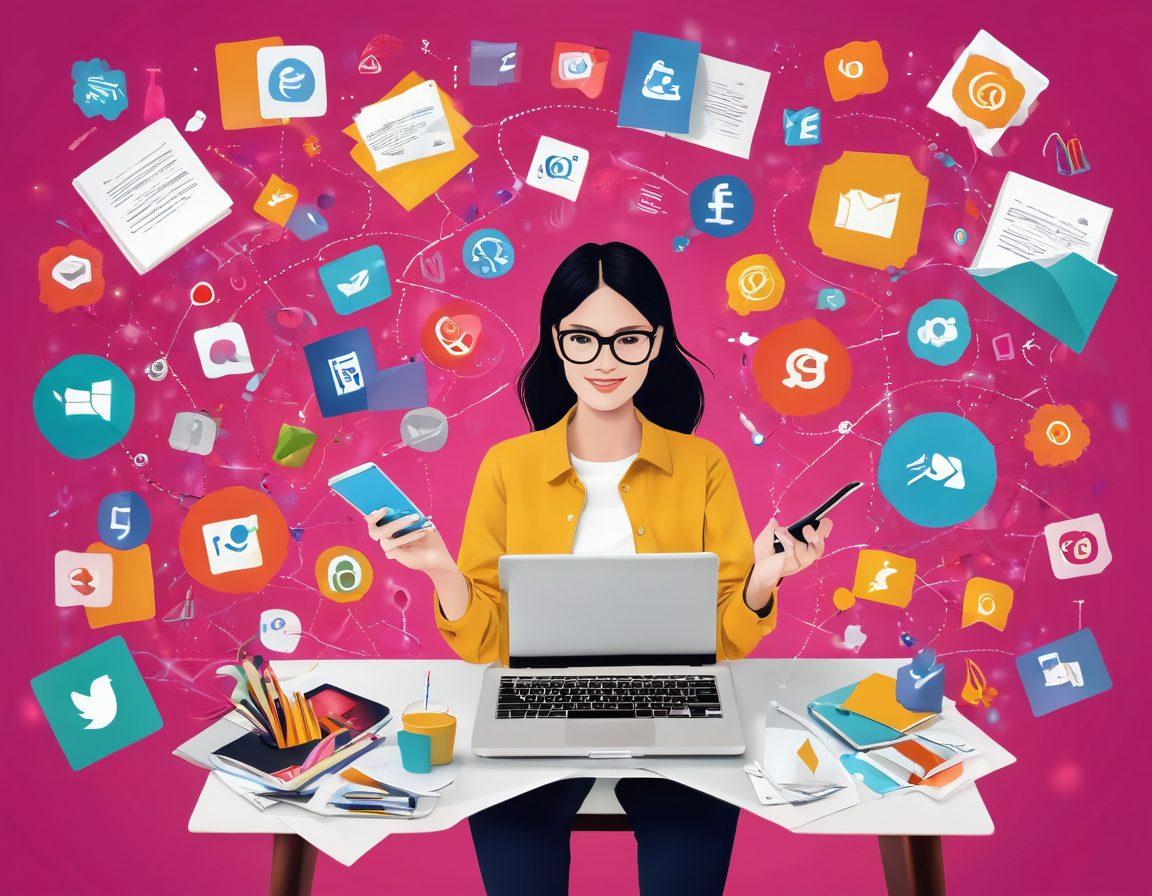 A vibrant digital scene depicting a person transforming colorful ideas into impactful content, juggling notebooks and digital devices, surrounded by floating icons of social media and blog posts. The background features abstract shapes symbolizing creativity and engagement, with a bright and inviting color palette. super-realistic. vibrant colors. white background.